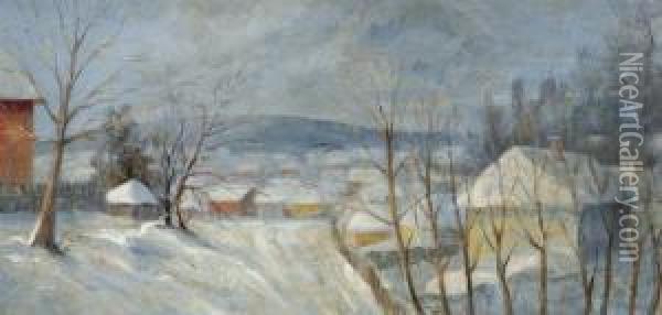 Village In A Snow-covered Landscape Oil Painting - Geza Kadar
