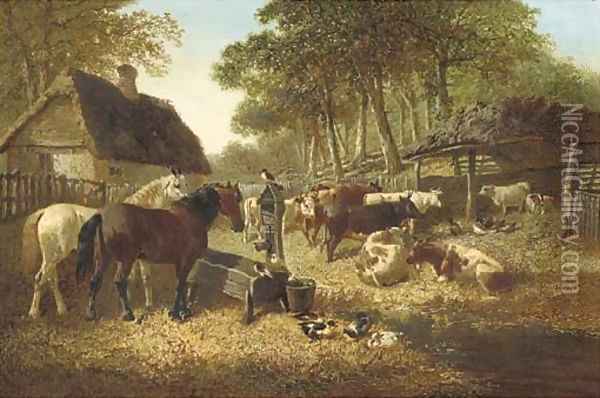 Horses and cattle in a farmyard Oil Painting - John Frederick Herring Snr