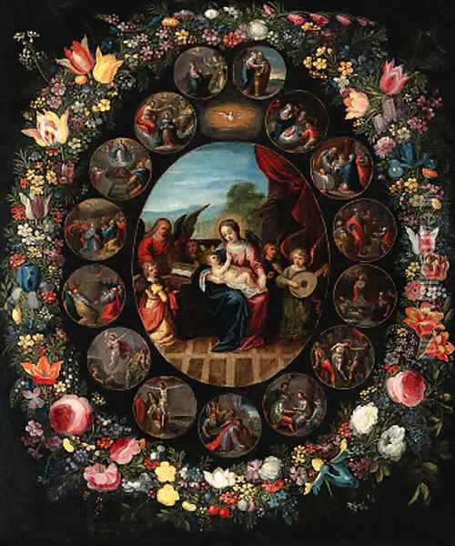 A garland of flowers surrounding a series ofroundels depicting the lives of the Virgin and of Christ Oil Painting - Jan Brueghel the Younger