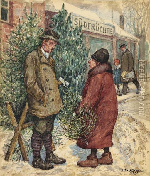 Beim Weihnachtsbaumverkauf Oil Painting - Hans Baluschek