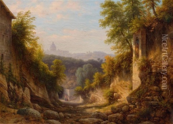 Bewaldete Italienische Felsenlandschaft Mit Blick Auf Rom Im Hintergrund Oil Painting - Giovanni Renica