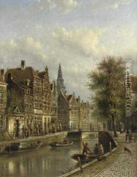 Townsfolk On A Quay In Amsterdam With The Oude Kerk Beyond Oil Painting - Johannes Franciscus Spohler