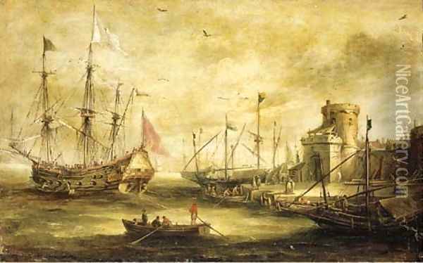 A Dutch port with a Man-of-War Oil Painting - Bonaventura Peeters