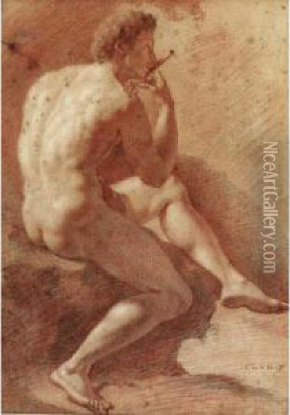 Study Of A Male Nude Playing The Flute Oil Painting - Adriaen Van Der Werff