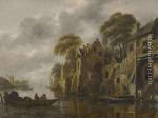 A River Landscape With Fishermen Loading Their Nets Beside A Town Oil Painting - Claes Molenaar (see Molenaer)