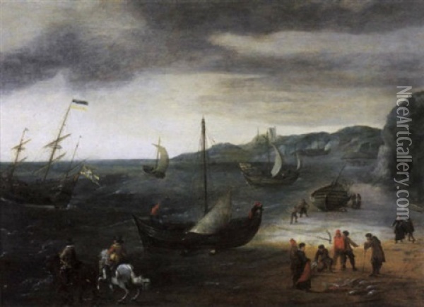 A Coastal Landscape With Two Elegant Riders And Fishermen Taking In Their Catch On A Beach With Fishing Vessels Oil Painting - Aert van Antum