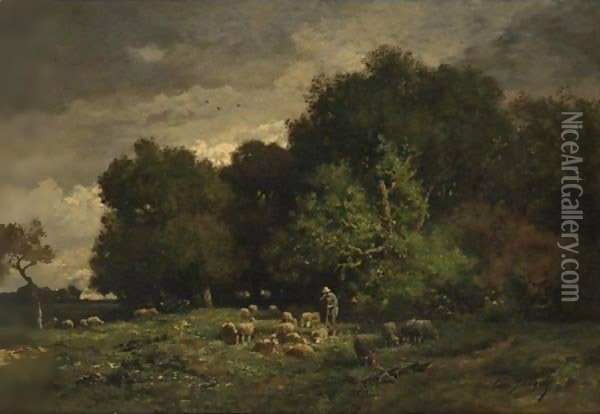 A Shepherd With His Flock Oil Painting - Charles Emile Jacque