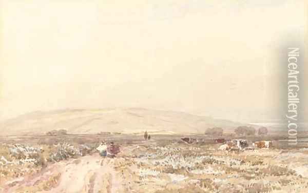 Travellers on a moorland track Oil Painting - David Cox