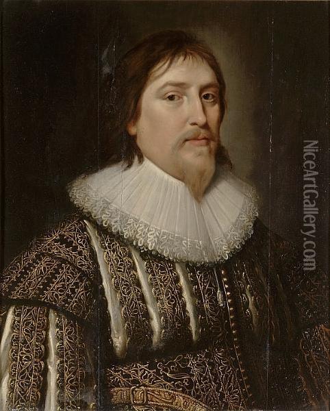 Portrait Of Henry De Vere, 18th 
Earl Of Oxford, Half-length, In A Black Slashed Doublet With Gold 
Embroidery And A White Ruff Oil Painting - Michiel Jansz. Van Miereveldt