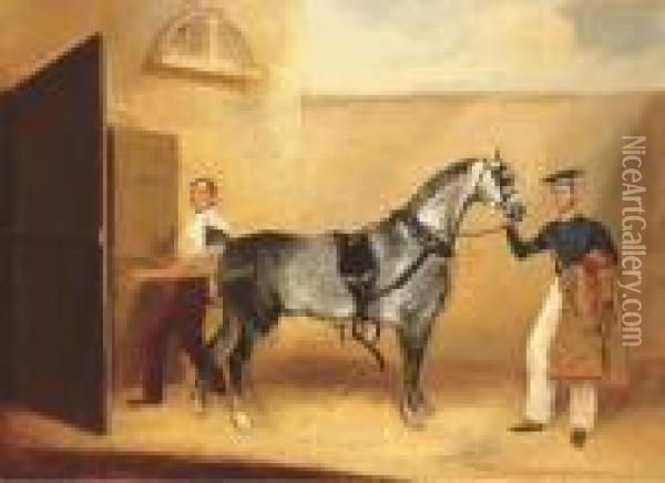 A Fourth Light Dragoons Trooper With A Grey Carriage Horse Outside A Stable Oil Painting - George Henry Laporte