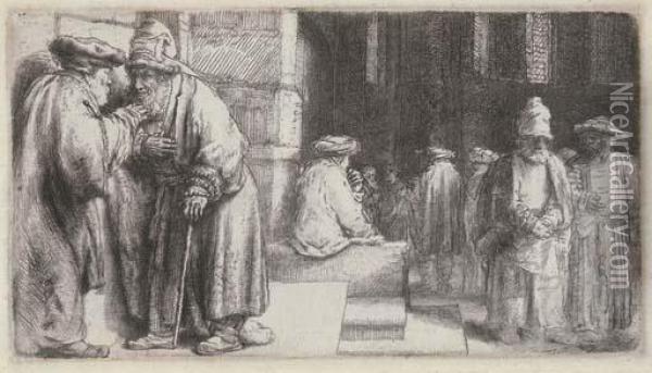 Jews In A Synagogue Oil Painting - Rembrandt Van Rijn