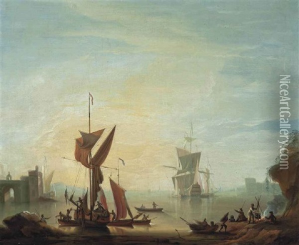 A British Warship Lying Off A Fortified Mediterranean Port Oil Painting - Peter Monamy
