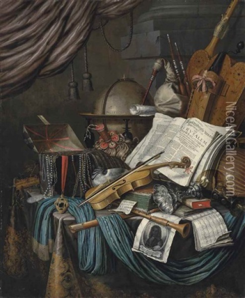 A Globe, A Casket Of Jewels And Medallions, Books, A Hurdy-gurdy, A Bagpipe, A Lute, A Violin, An Upturned Silver Tazza And Roemer, And Other Objects On A Draped Table Oil Painting - Edward Collier