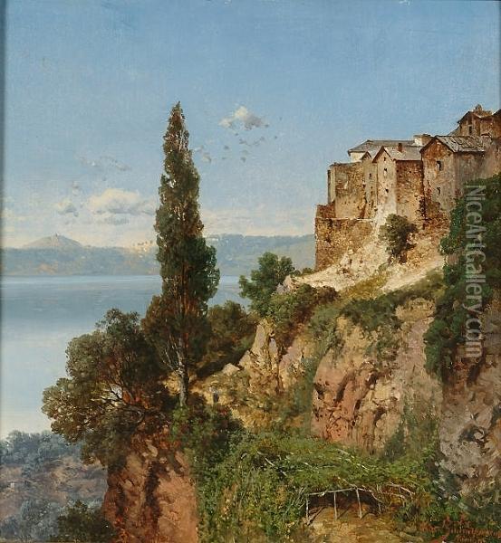 A Coastal View From A Cliff-top Village Oil Painting - August Albert Zimmermann