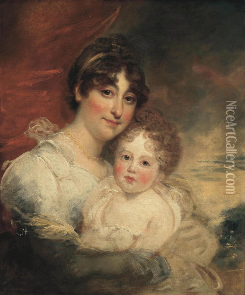 Double Portrait Of A Lady, Traditionally Identified As Mrs Goldsmith, In A White Dress, With Her Daughter Hester, Before A Red Curtain, A Landscape Beyond Oil Painting - George Henry Harlow