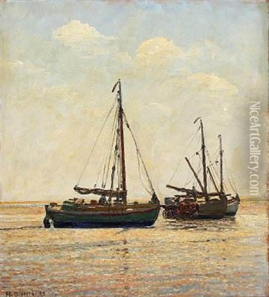Coastal Scene With Fishing Boats Oil Painting - Heinrich Dohm