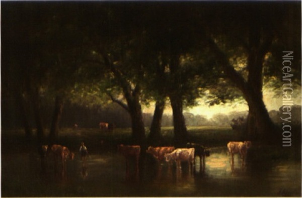 Kuhe Am Wasser Oil Painting - Heinrich Neppel