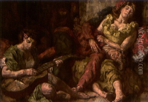 Ein Sinnesrausch Mit Einem Trunkenen Jungling Und Zwei Jungen Madchen, Das Eine Gitarre Spielend Oil Painting - Johannes Hendricus Jurres