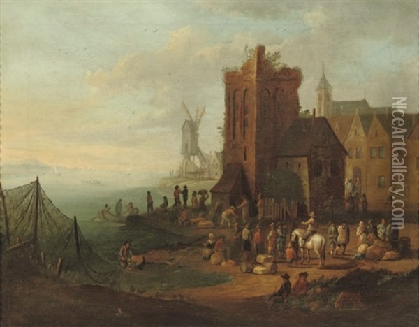 A River Landscape With Figures Near A Ruinous Tower Oil Painting - Mathys Schoevaerdts