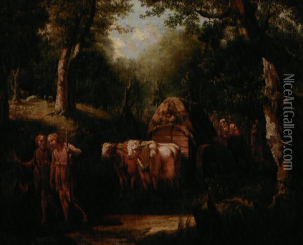Gudinden Herthes Udtog Af Leire Skov I Herthedalen In Siaelland Oil Painting - Christian August Lorentzen