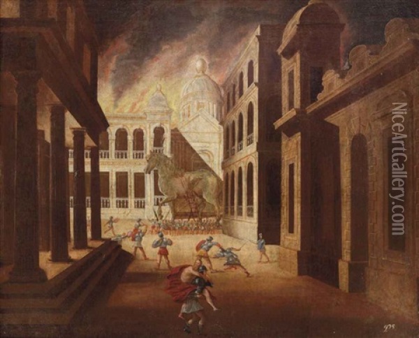 The Burning Of Troy, With The Trojan Horse And Aeneas Fleeing With Anchises In The Foreground Oil Painting - Juan de LaCorte