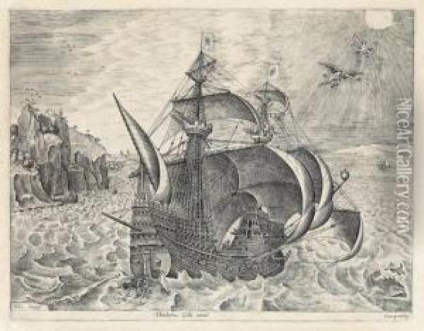Man Of War Sailing To The Right, 
With Daedalus Andicarus Oil Painting - Pieter III Brueghel