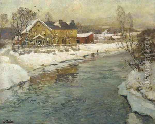 A Cottage by a Canal in the Snow Oil Painting - Fritz Thaulow