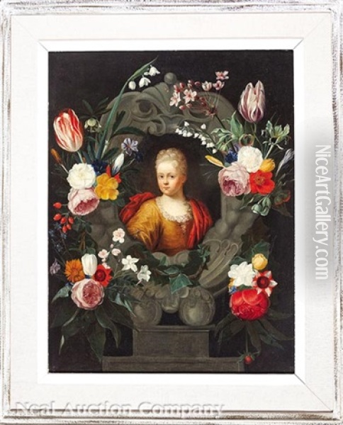 Bust Of Woman Surrounded By A Floral Cartouche Oil Painting - Daniel Seghers