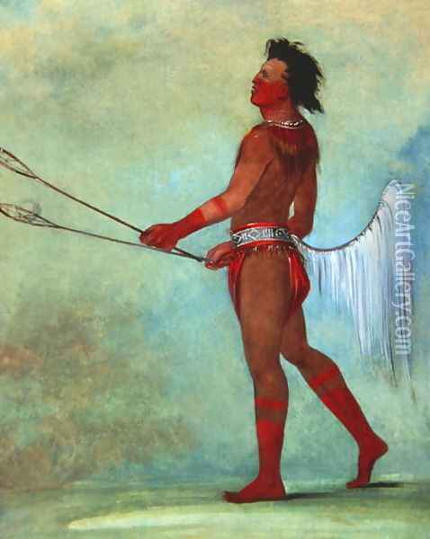 Tul-lock-chish-ko, Drinks the Juice of the Stone, in Ball Player's Dress, 1834 Oil Painting - George Catlin
