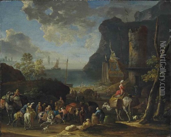 A Mediterranean Harbour Scene With Turkish Merchants Loading A Caravan In The Foreground Oil Painting - Jan-Baptiste van der Meiren