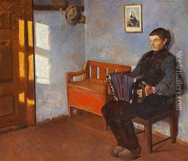 Ung Mand Der Spiller Harmonika Oil Painting - Fridolin Hans Johansen