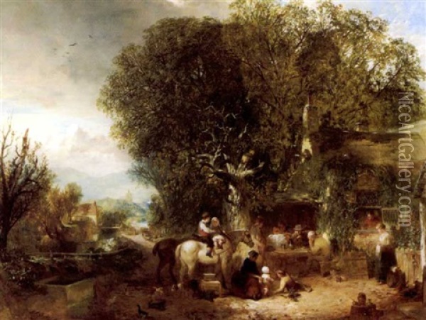 A Village Tavern Scene Oil Painting - William Collins