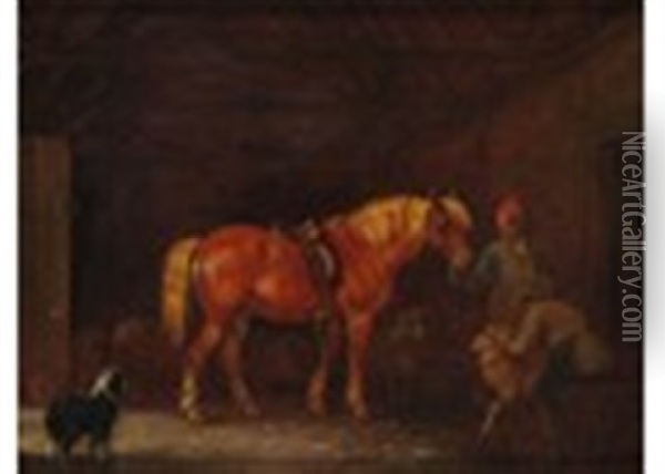 A Horse And Groom In A Stable Oil Painting - Edmund Bristow