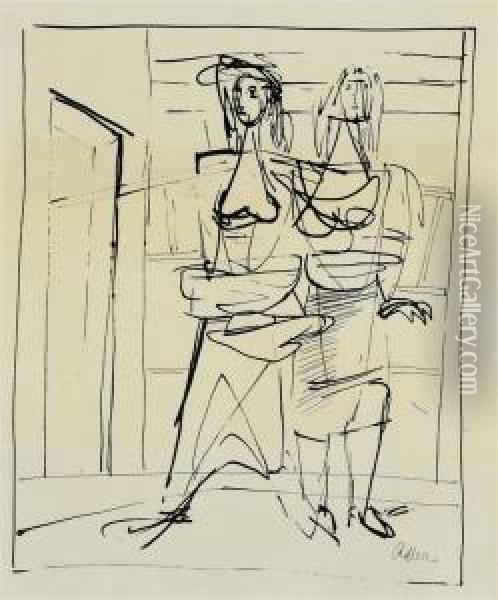 Two Figures In An Interior Oil Painting - Jankel Adler