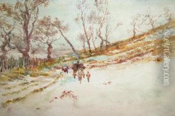 Cart And Horses In A Winter Woodland Landscape Oil Painting - George John Pinwell