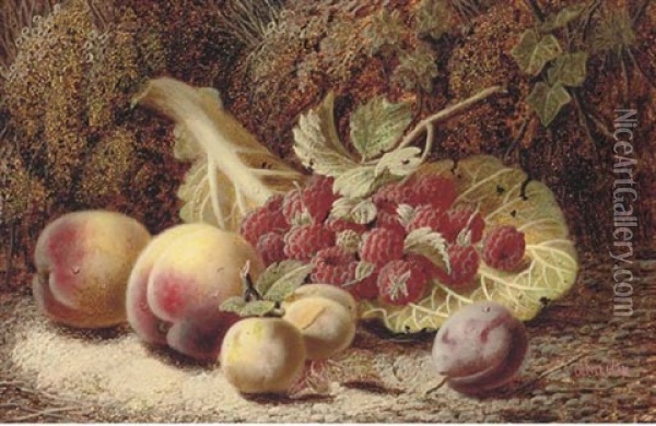 Plums, Raspberries And Peaches On A Mossy Bank Oil Painting - Oliver Clare