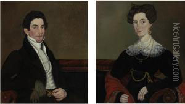 Gentleman With Doe-skin Gloves, Gold Watch And Watch-winder And Lady With Jewels And Paisley Shawl: A Pair Of Portraits Oil Painting - Micah Williams