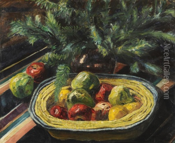 Still Life Of Apples And A Plant Oil Painting - Elliott Seabrooke