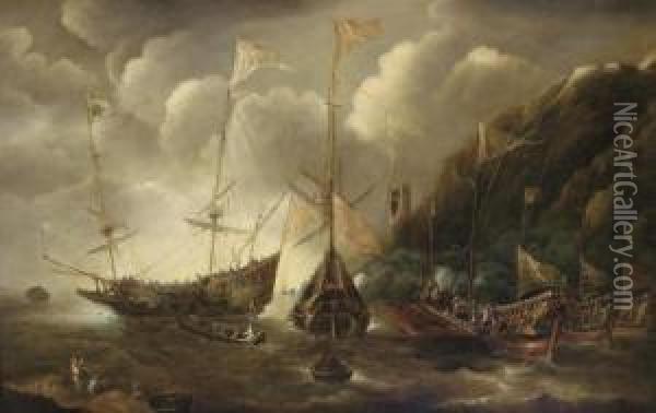 A Mediterranean Capriccio Of A 
Sea Fight Between European Merchantmen And Ottoman Galeasses Oil Painting - Andries Van Eertvelt
