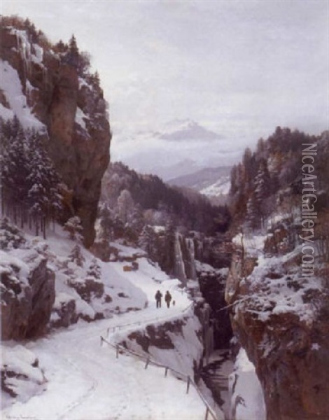 A Winter Day In The Bavarian Mountains Oil Painting - Anders Andersen-Lundby
