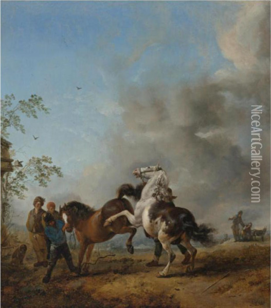 A Mare And A Stallion In Front Of A House Oil Painting - Pieter Wouwermans or Wouwerman