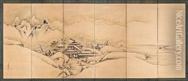 Winter Landscape (on 6 Panel Screen) Oil Painting - Gyokusho Kawabata