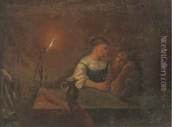 A Couple Drinking In An Interior By Candlelight Oil Painting - Godfried Schalcken