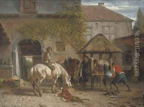 Shoeing horses at the blacksmith Oil Painting - Joseph Jodocus Moerenhout