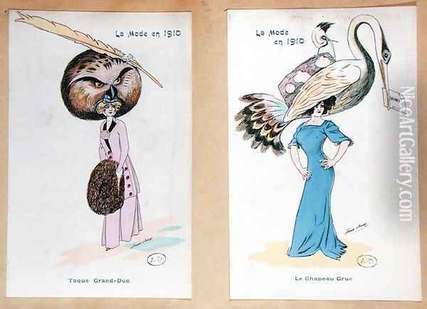 The Eagle Owl Fur Hat and The Crane Hat, cartoon fashion plates, 1910 Oil Painting - Xavier Sager