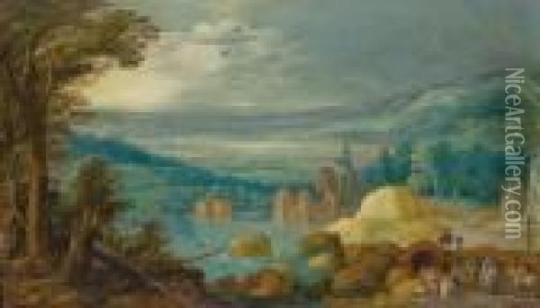 Village Au Bord D'un Lac, Des Collines A L'arriere-plan Oil Painting - Joos De Momper