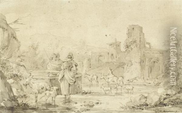 Pastoral Scene With Herdsmen At Aspring Oil Painting - Nicolaes Berchem