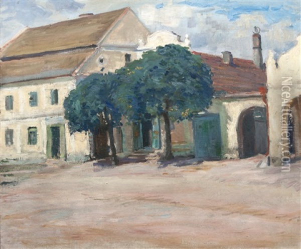 Old Houses In Labsky Tynec Oil Painting - Milos Jiranek