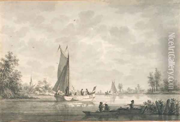 Shipping on the Maas, IJsselmonde beyond Oil Painting - Nicolaas Wicart