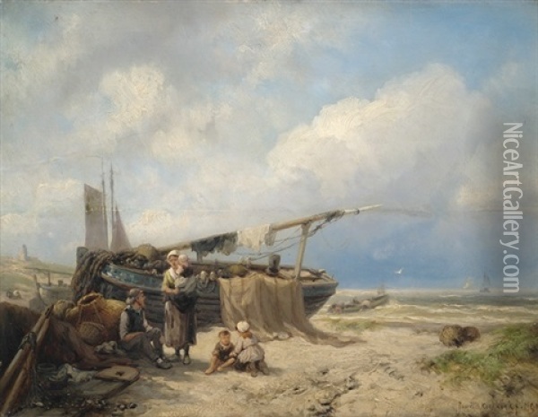 Fischerfamilie Am Strand Oil Painting - Johannes Hermanus Barend Koekkoek